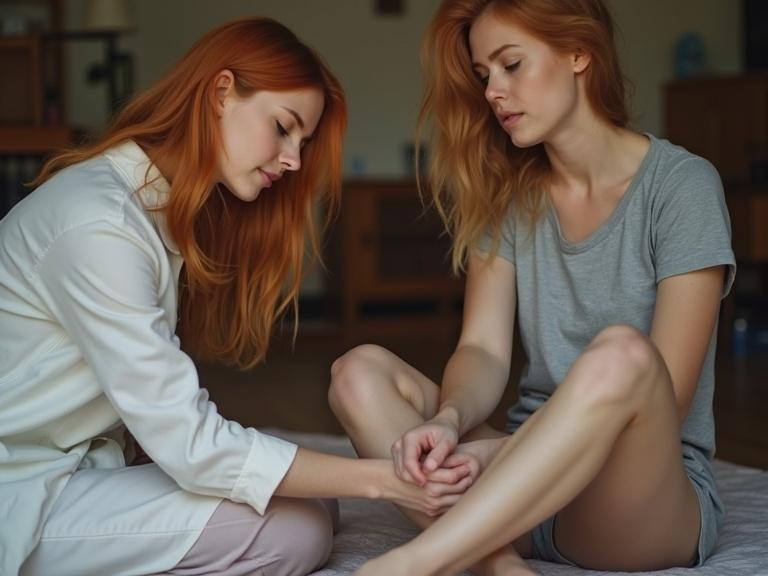 Pale white woman with light ginger hair inspecting sister's feet in a cozy setting。