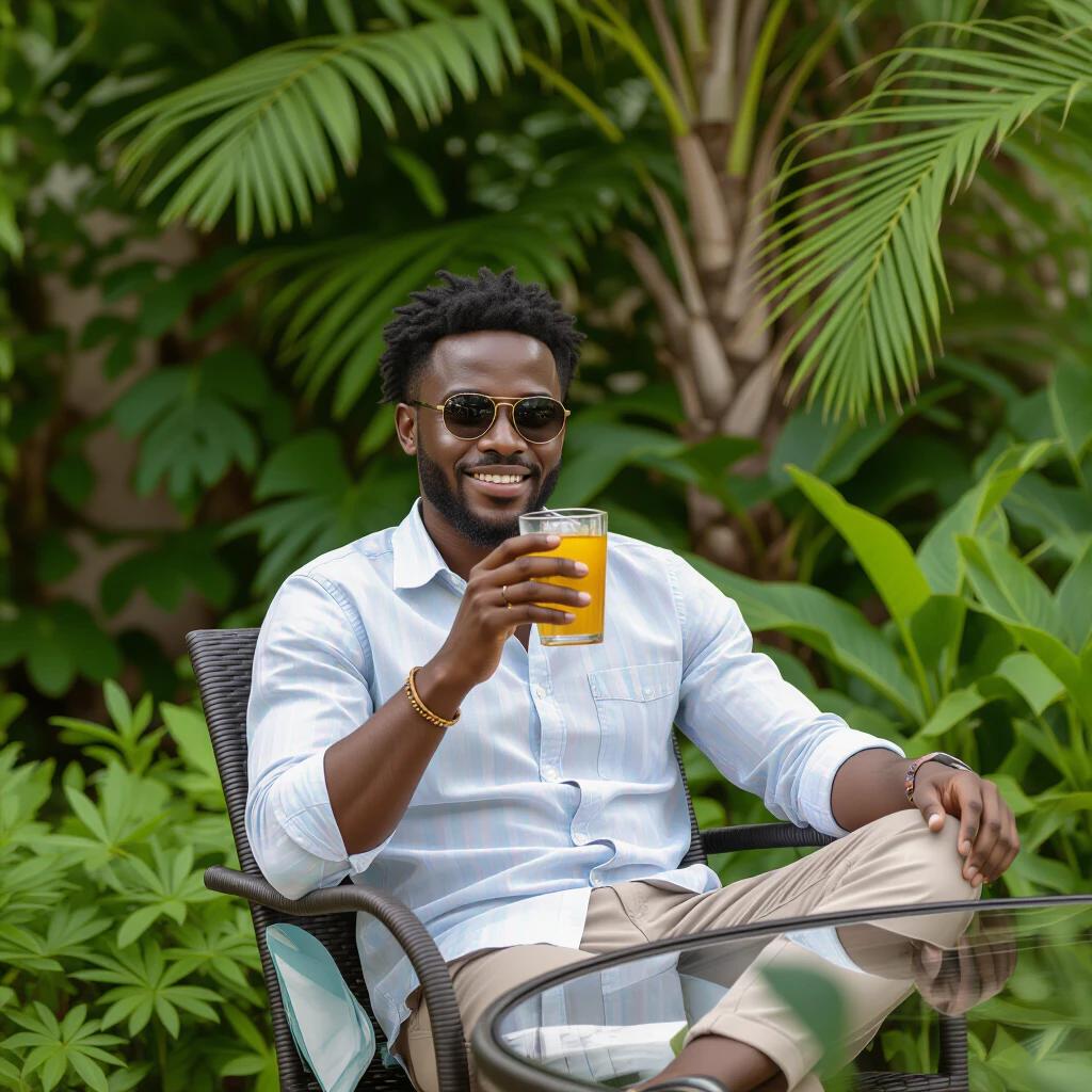 A black model sitting in a chair in a garden enjoying a drink