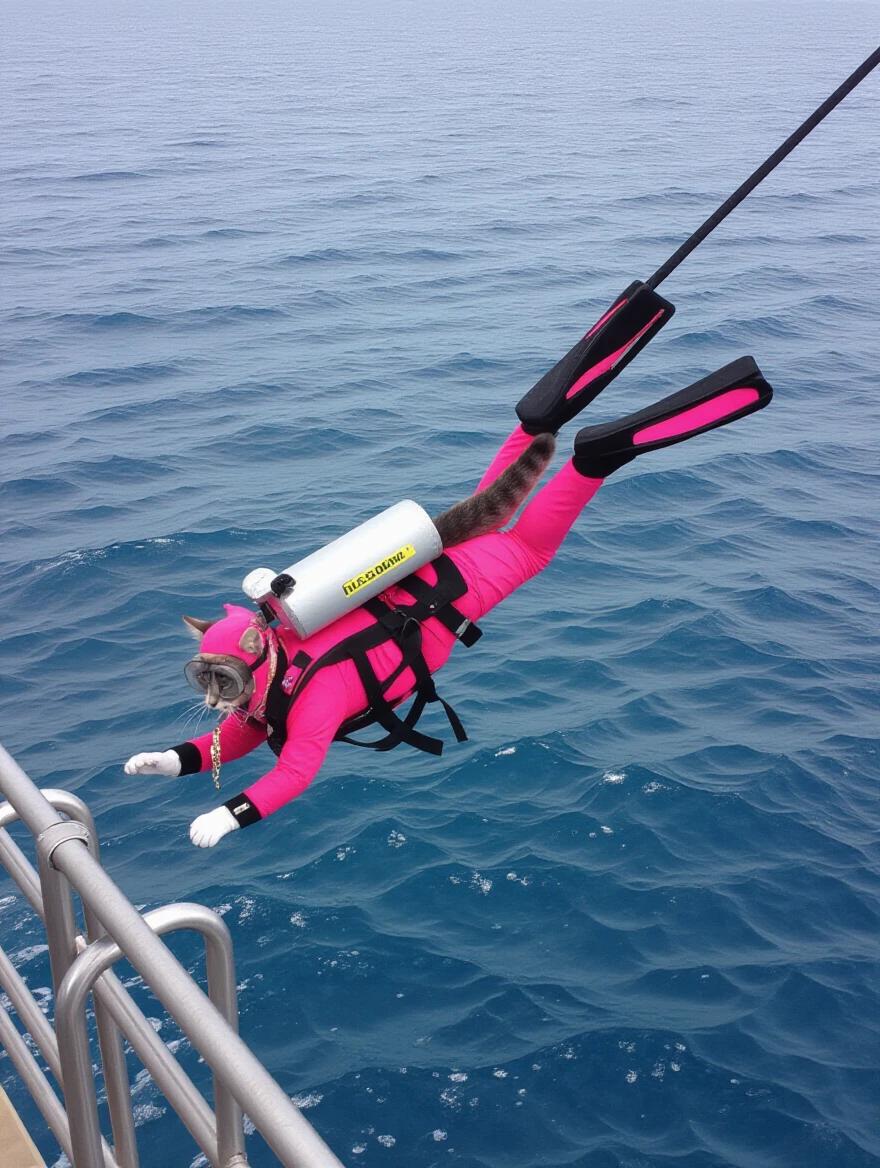 A cat dives into the sea wearing a pink diving suit. The scene features bright blue water and the cat in action. The diving equipment includes a tank on the back and fins on the feet. The angle captures the moment of entry into the water while hanging from a boat.