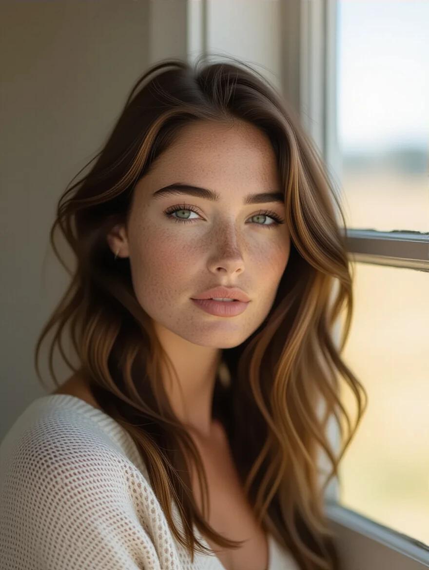 Close-up portrait showcasing wavy hair. Natural light falls from a side window. A neutral background enhances the focus on the subject. Rich skin texture highlighted with soft shadows. Captured using Hasselblad medium format photography.