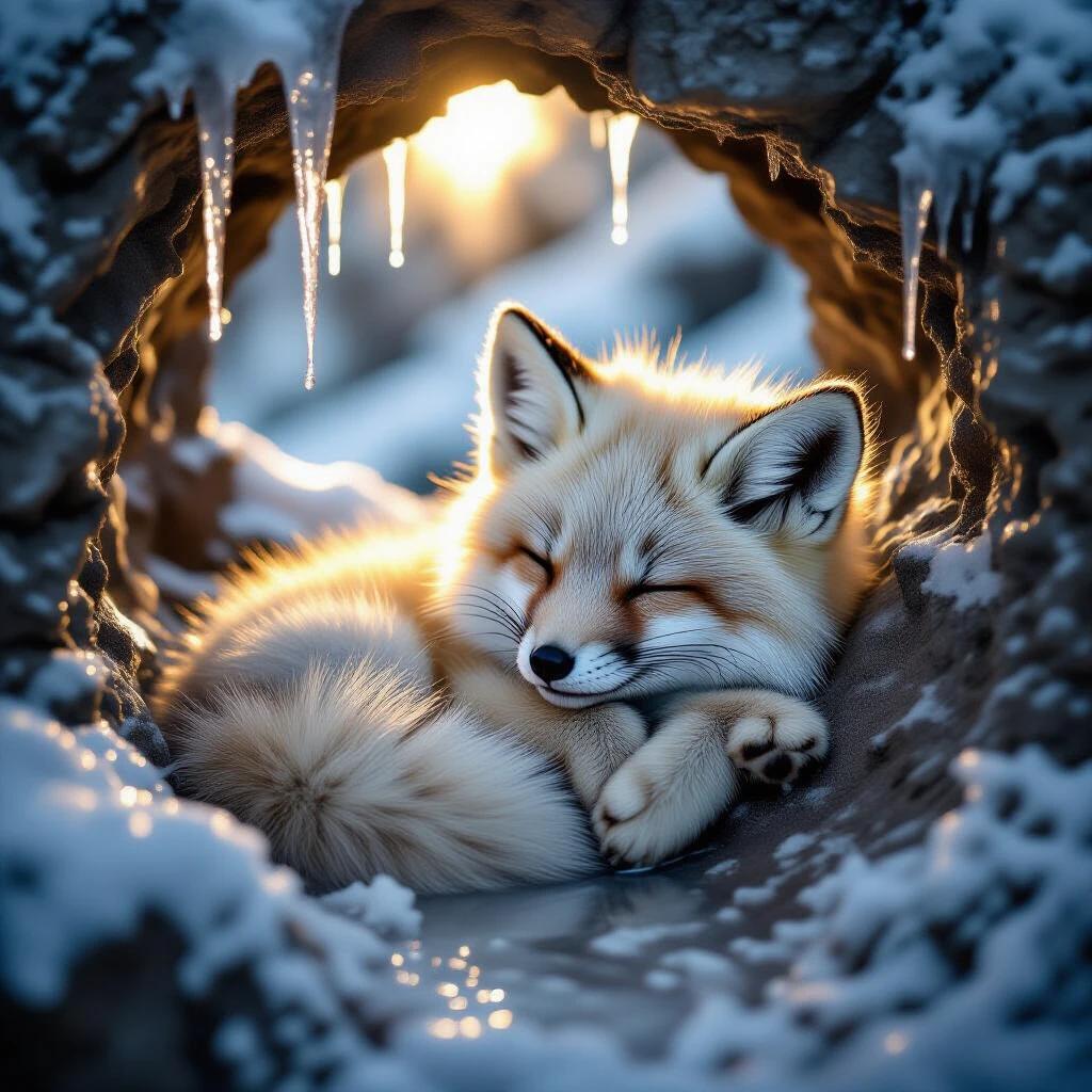 A small arctic fox cub sleeps soundly in a rock cubbyhole. Icicles hang above it with water droplets dripping down. Soft morning light illuminates the scene creating a warm atmosphere. The cub's fur looks vibrant and fluffy as it cuddles up. The background shows a snowy landscape.