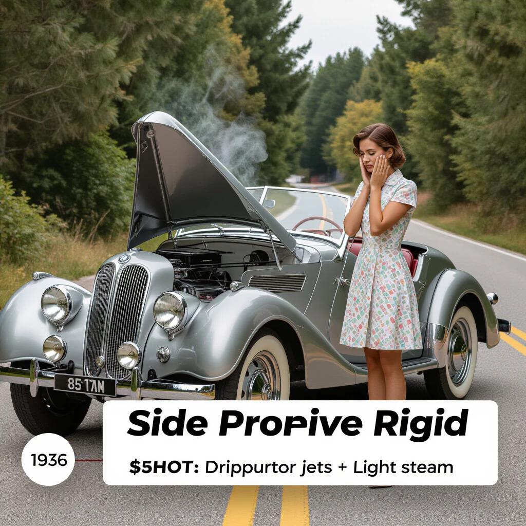 1936 mechanical drama scene with a BMW 328 Roadster stalled on a rural road. The car has two independent panels propped open. The engine is dripping carburetor jets with light steam. The driver door is fully open, and the woman in a floral dress stands at the hood with palms pressed to her cheeks. Her head is tilted downward, focusing on the carburetor. Forest scenery in the background.