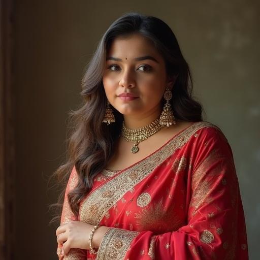 A beautiful girl wearing a red saree looks stunning. She has pale skin and a chubby body. Her expression is captivating.
