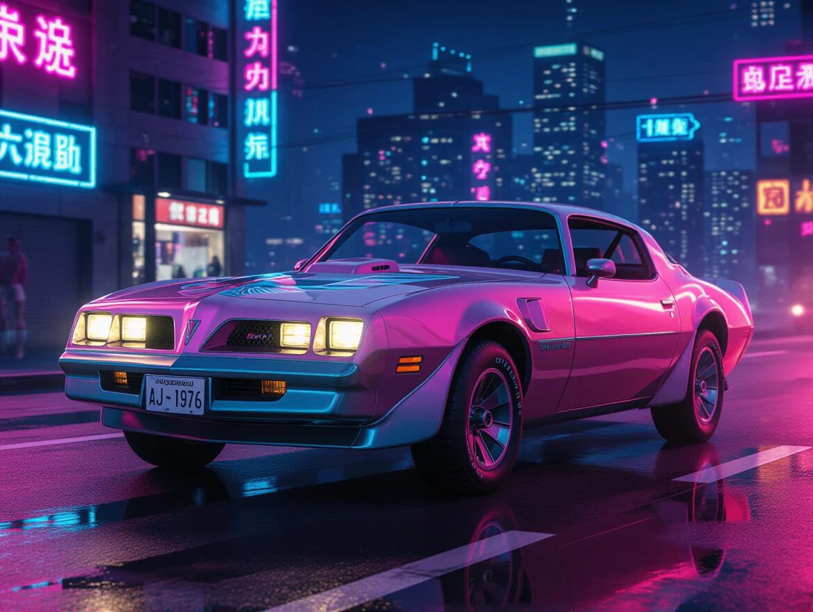 A pink and teal 1976 Pontiac Trans Am is driving in a cyberpunk city at night. The neon lights are vibrant in the background. The license plate reads AJ-1976.