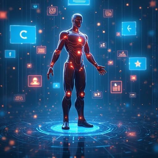 Futuristic humanoid robot surrounded by digital icons symbolizing AI's role in business. Emphasizes time and cost savings for small and medium enterprises.
