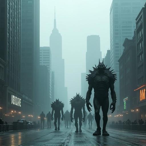 Grotesque towering beings with mismatched body parts march in unison down a slick street. City is shrouded in fog with iconic skyscrapers looming. Art Deco crowns and glass facades catch diffused light. Creatures move with force, casting deep shadows. Larger giants peer over misty mountains. Scene pulses with cinematic energy.