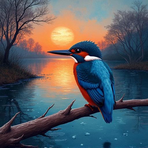 A kingfisher perched gracefully on a branch during an evening mist. The scene showcases vibrant dark colors with influences of alcohol ink glasswork and marble finish. Background features a serene sunset with gentle reflections on the water.