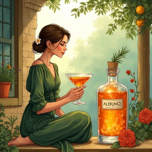 Serene illustration depicting a woman in a green boho blouse offering a toast with a cocktail. The background shows a lush garden. A bottle labeled ALFRUNO radiates glow. Roses and rosemary accent the scene. Warm earthy tones dominate the image.