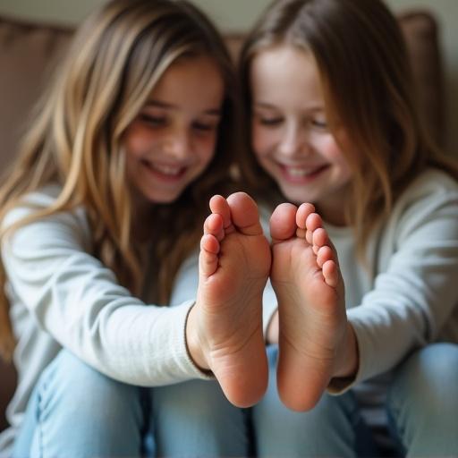 Two girls smile at each other while sitting close together. They inspect each other's feet. Girls wear light jeans. Cozy atmosphere created in the image.
