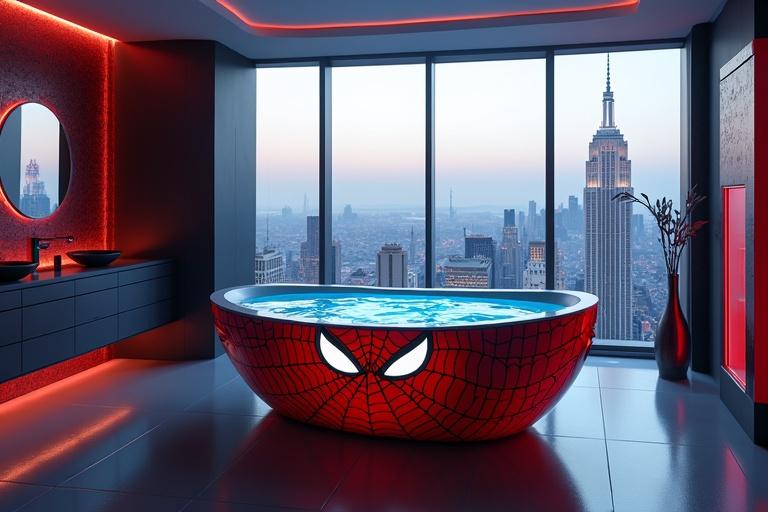 Highly detailed image of a Spider-Man-themed bathroom with jacuzzi tub featuring Spider-Man's mask design. Tub is filled with swirling blue water. Modern high-rise bathroom with floor-to-ceiling windows showing cityscape. Red and black accents with sleek furniture. Photorealistic style with sharp details and dynamic lighting from a slightly high angle. Subtle web patterns and futuristic lighting effects included.