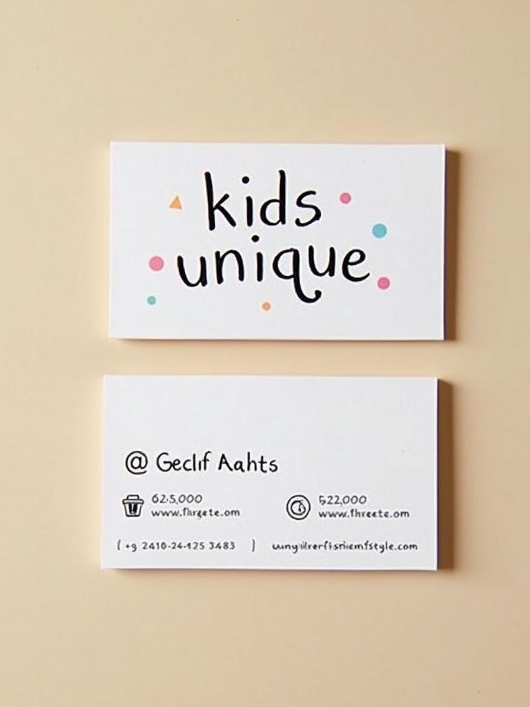 Business card features kids unique style text on top. Below are two phone numbers an address a website and an Instagram page.