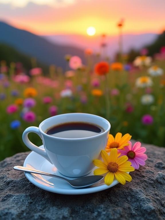 Coffee cup and saucer on a rock surrounded by colorful wildflowers and a mountain sunset. Dark brown coffee in the cup with vibrant flowers nearby. Scenery includes rolling hills and bright sunset sky.