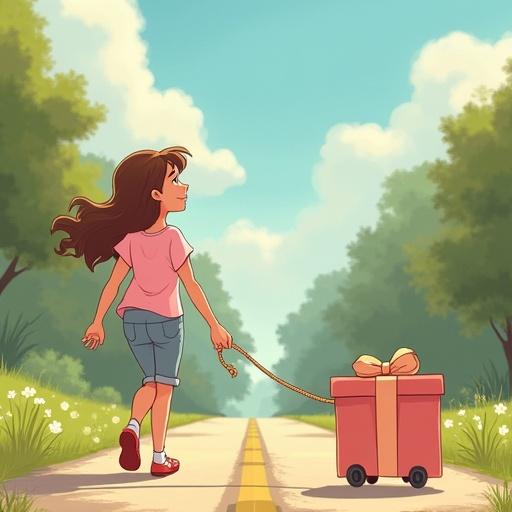 Charming young girl wearing a light pink t-shirt walking down a sunny road. A colorful gift box on the road is being pulled with a rope by the girl.