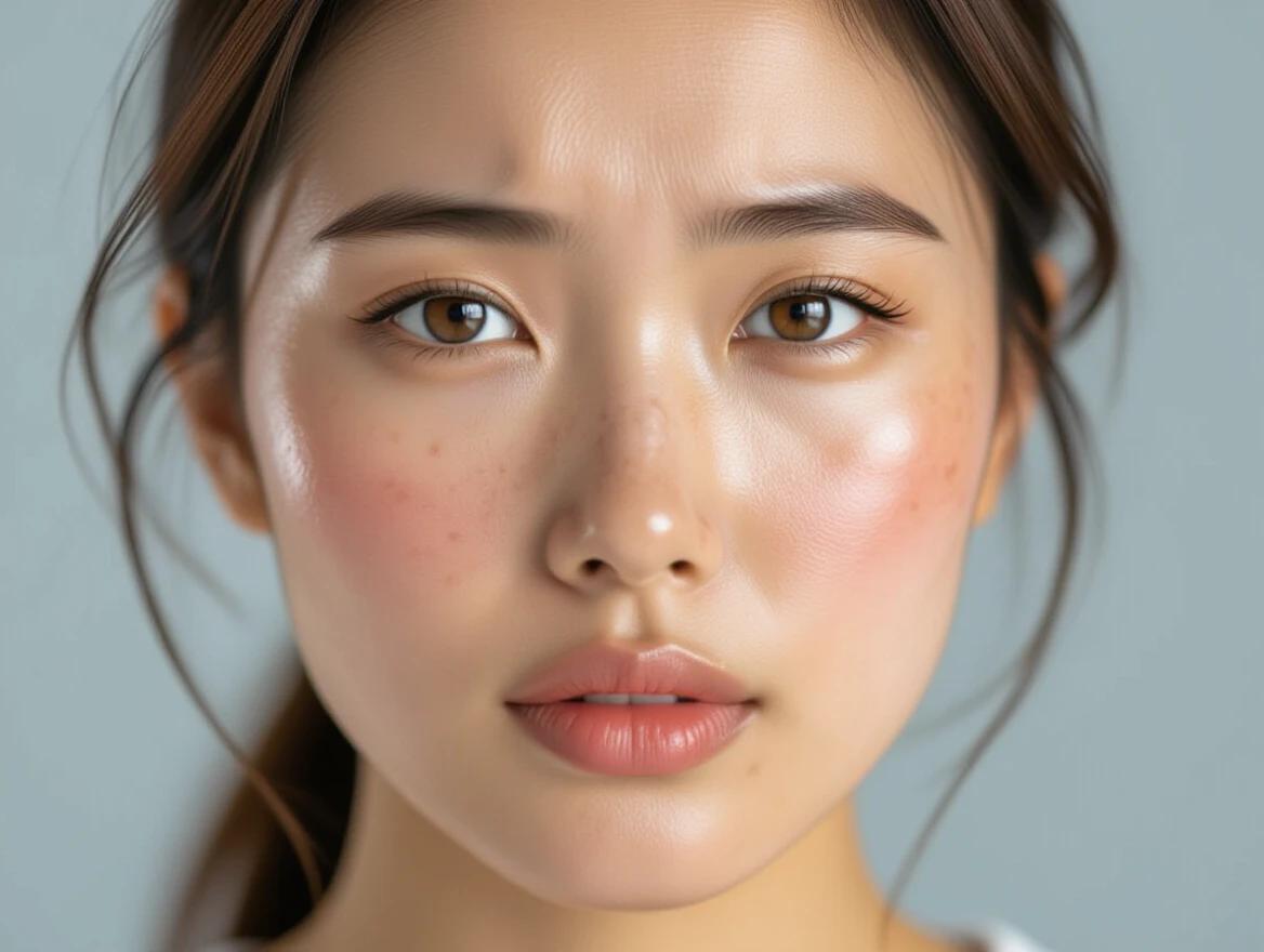 Person with acne showing redness and inflamed spots on the facial skin. Skin condition is the primary focus. Close-up angle reveals texture and tone.