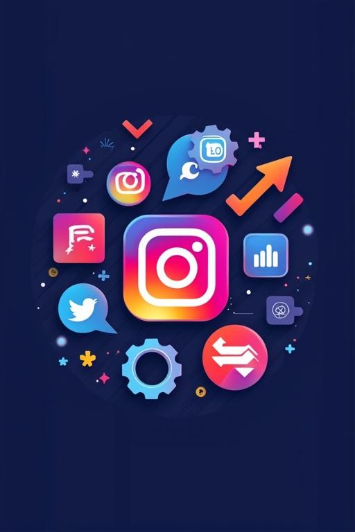 Design featuring Instagram logo with growth elements like graphs and gears in a vibrant color palette.