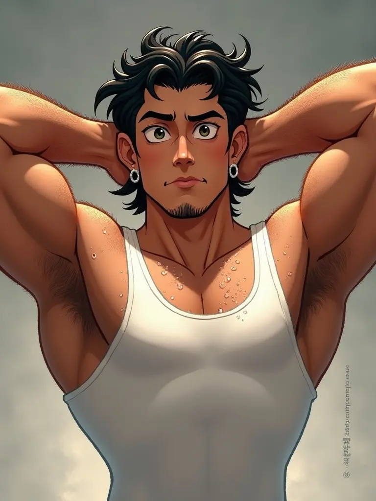 Artwork depicts stylized muscular man with wavy black hair. He wears a white tank top showing his athletic build. Beads of sweat showcase his muscles. He raises his arms revealing thick underarm hair. The image embodies self-assurance and masculinity.