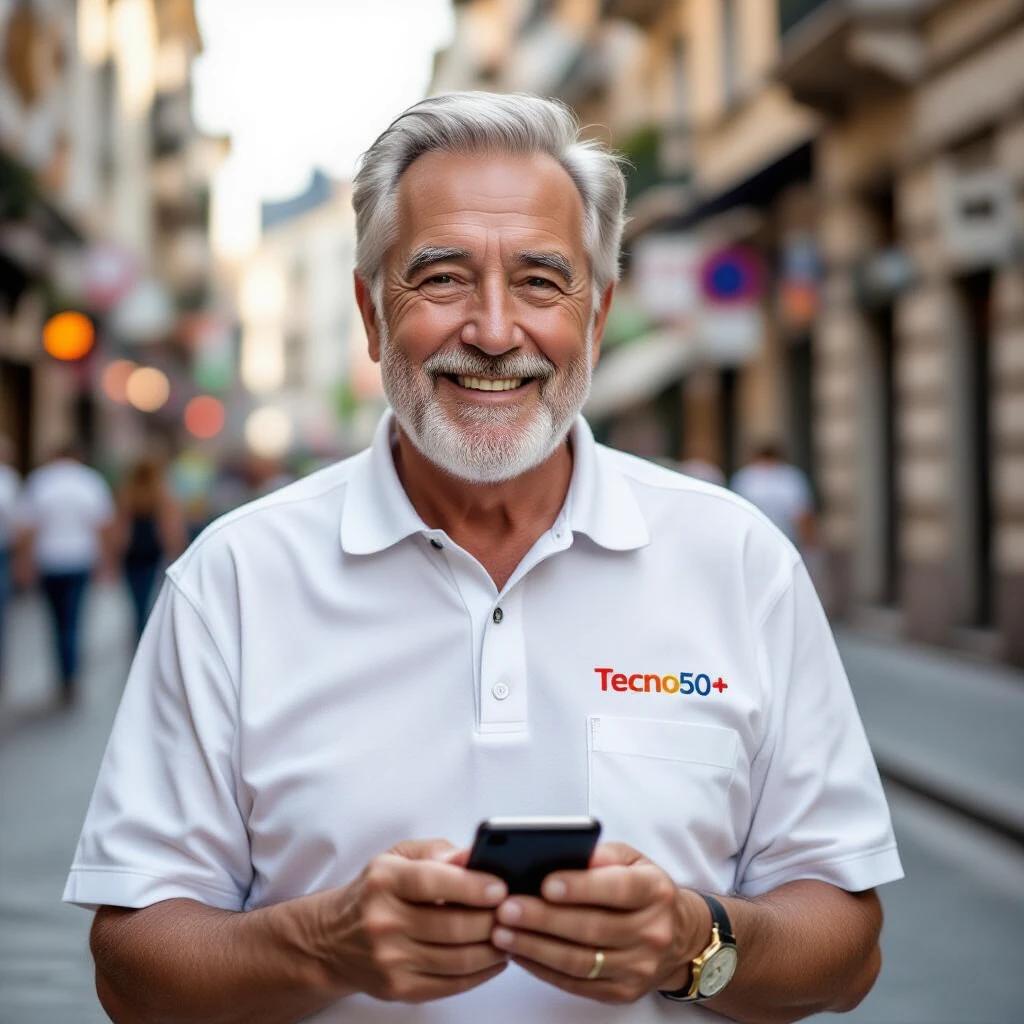 An elderly man in a white shirt with Tecno50+ written on it holds a cellphone. He smiles happily. The background shows a busy street with people walking around. The scene conveys a modern urban lifestyle.