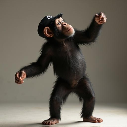 Chimpanzee break dancing. Wearing a ball cap turned backwards. Stand in a dynamic pose. Humor in the image.
