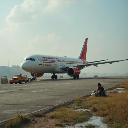 Air India aircraft on the runway with a truck and a person seated nearby. Incident occurs at Ahmedabad airport on June 12, 2025.
