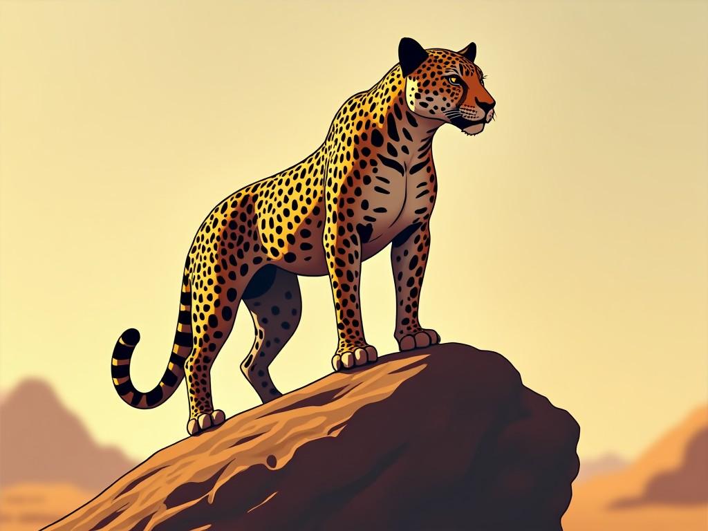 A striking depiction of a jaguar standing proudly atop a rock in a vast desert landscape. The jaguar's sleek design showcases its intricate spots and poised stance. The warm hues of gold and orange from the setting sun create a dramatic backdrop. This image captures the essence of the majestic animal, emphasizing its beauty and strength. It's a vivid representation suitable for wildlife art enthusiasts.