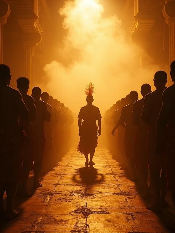 Ceremonial dance of Orixás paying respect to Exu. Exu stands at the center wearing an aglow red feather. Participants in ritual garb create a solemn circle. Warm golden light and ritual smoke fill the hall. The scene captures deep respect through gestures and symbols on the ground.