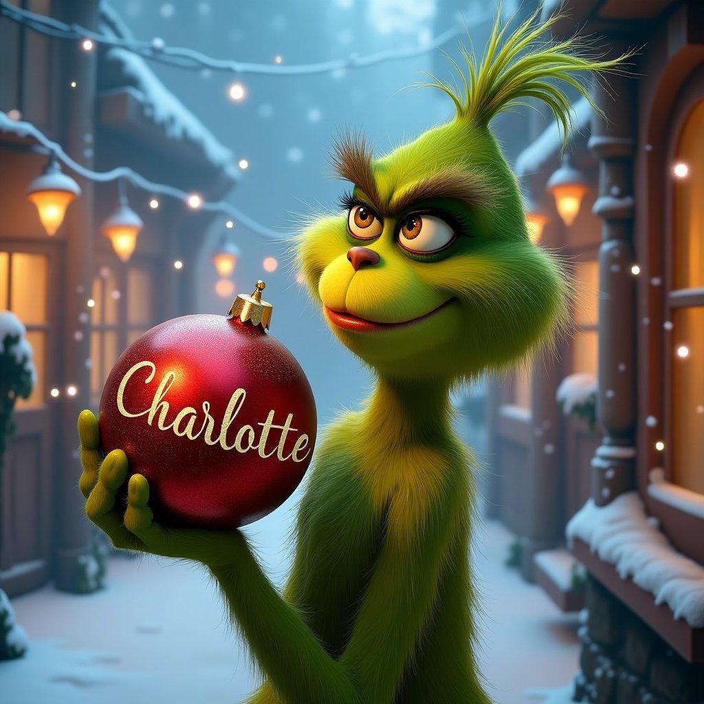 Grinch character holding bauble with name Charlotte engraved. Snowy background with Christmas lights.