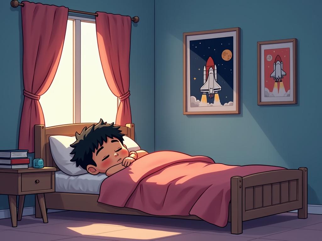 Anime style illustration of a South Indian boy sleeping in his room. Posters of rockets on the wall. Soft lighting from a window. Cozy bed with pink blanket.