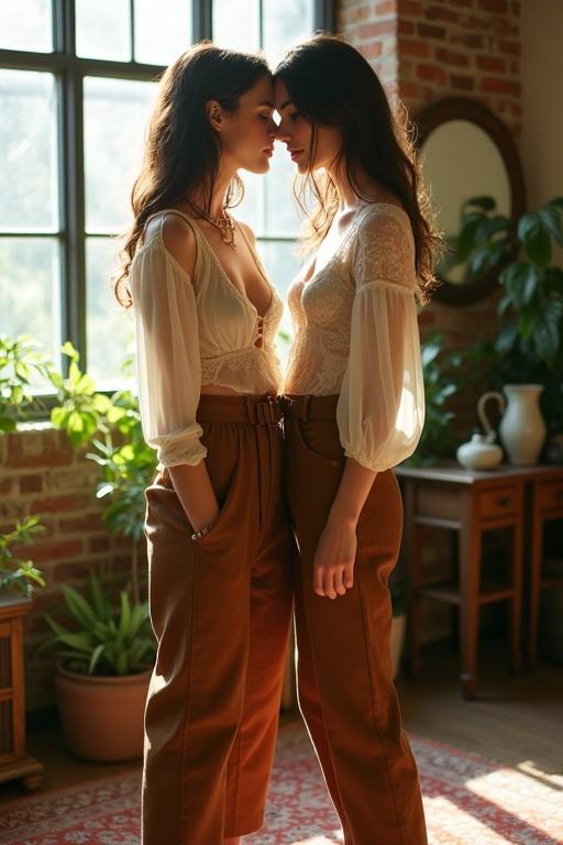 Dreamy fashion editorial features two models wearing stylish outfits. One model wears a cream silk blouse with poet sleeves and brown suede pants. The other model wears a sheer white peasant top and cognac leather pants. Models stand closely, sharing intimate glances in a well-lit artist loft. Natural light enhances the warm tones. Vintage decor includes exposed brick walls, plants, and antique mirrors. Shot with medium format film and shallow depth of field.