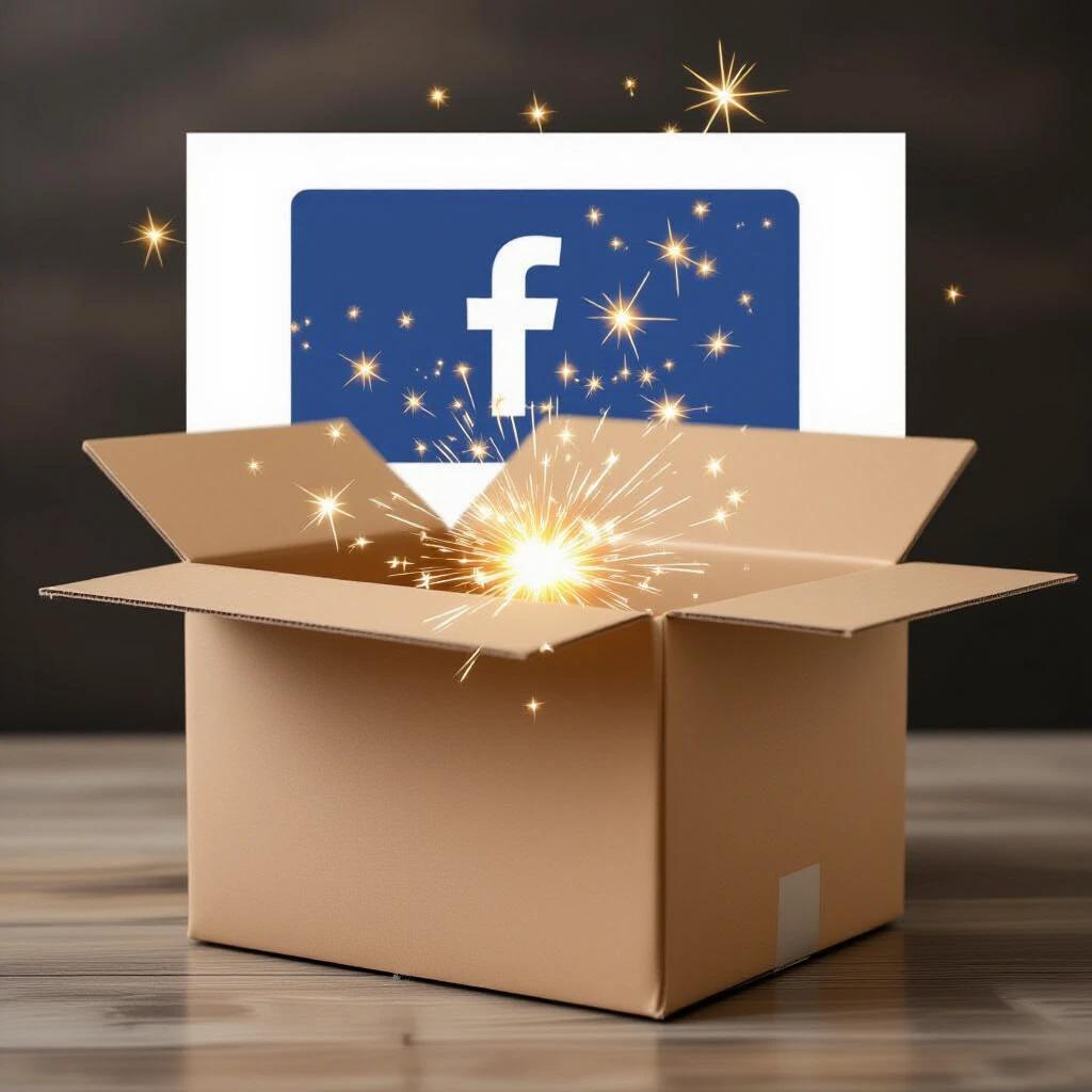 New Facebook ad shows sparkles emerging from an open brown box. Facebook logo in the background. Aiming for curiosity and engagement.