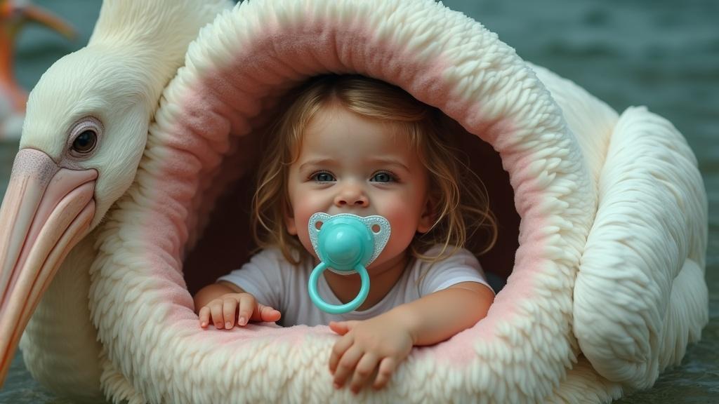 A tween girl sits inside a giant pelican's sack. She holds a large pacifier in her mouth. The scene is whimsical and imaginative.
