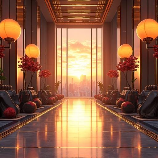 Futuristic interior of a gym in a building by Kamakiri Industries. Features oversized luxurious design elements. Decorated with cherry blossoms and golden lotus prints. Shiny floor reflects the sunset. Large windows overlook a cityscape. Light gold and onyx black colors dominate the space. Summer setting at noon.