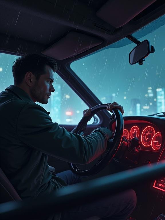 A man in a car driving with tense posture. Hands gripping the wheel. Focused gaze ahead. Cabin illuminated with neon lights. Raindrops visible outside. Cinematic style with deep shadows.