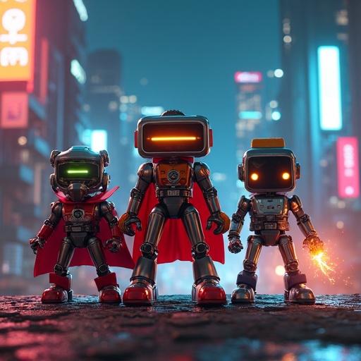 Dynamic action scene shows three anthropomorphized kitchen appliances as superheroes in a futuristic city. The Brave Blender in the center emits energy, The Fearless Toaster on the right is prepared to launch toast, and The Ingenious Coffee Machine stands with a determined look. Neon lights illuminate the skyline with crime alert billboards. Sparks fly and the atmosphere exudes excitement.