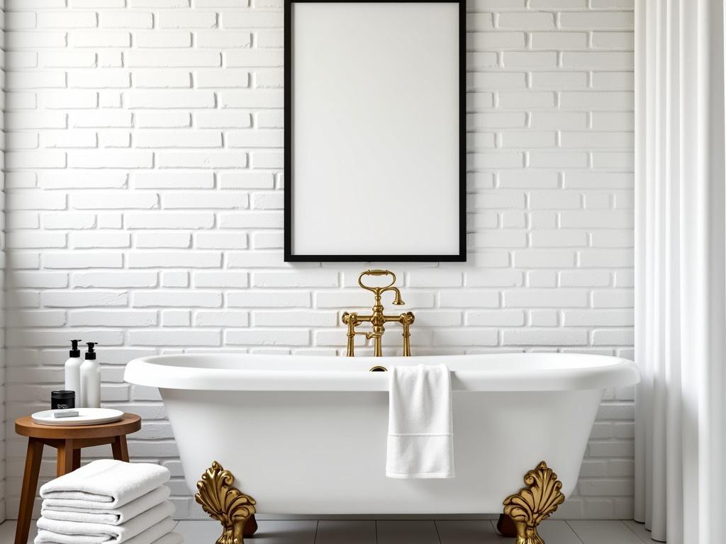 The image features a stylish bathroom setting with a vintage touch. There is a white bathtub with ornate golden fixtures, showcasing a classic design. Next to the tub, a wooden stool holds small bottles and a plate, adding practicality to the decor. A stack of fluffy white towels sits neatly on the floor, enhancing the inviting atmosphere. The walls are made of white brick, providing a clean and modern backdrop. A plain black frame hangs on the wall, perfect for personal artwork or decor. The shower area is partially concealed by a white curtain, emphasizing privacy and comfort.