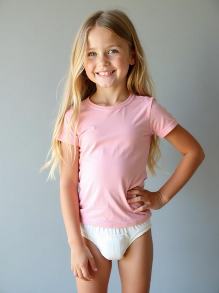 Image features a young girl with long blonde hair wearing a fitted pink t-shirt and a white diaper. The background is soft gray. She poses relaxed with one hand on her hip. The lighting is soft and warm. The scene captures a typical moment in childhood, highlighting comfort and playfulness. Represents toddler fashion in a casual home setting.