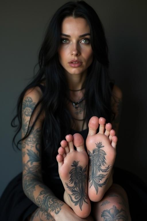 Mature goth woman with long black hair. Tattoos on soles of bare feet. Sitting in a low angle view. Soft lighting highlights body art.