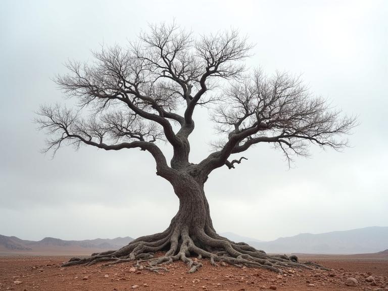 A single ancient tree stands in a barren landscape. Gnarled trunk twisted and weathered. Bare branches reach upward against a cloudy sky. Thick, textured bark with deep ridges. Ground is rocky and sparsely covered with dry soil.