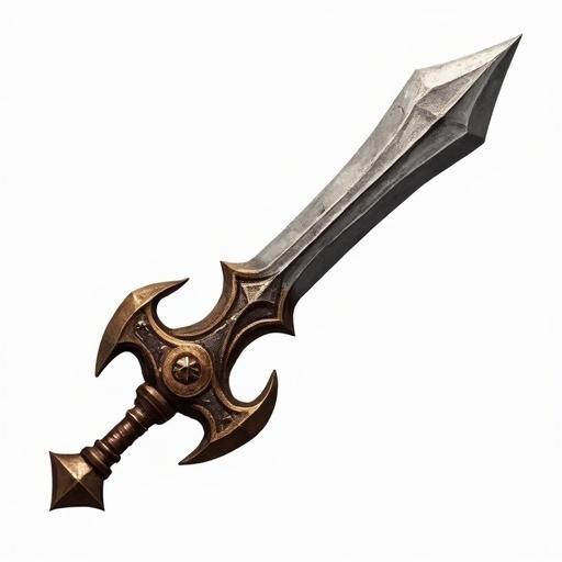 Icon of an ancient battle sword designed for a card game. Gray and brown colors. Size 48 x 48 pixels. In the style of World of Warcraft. Transparent background.