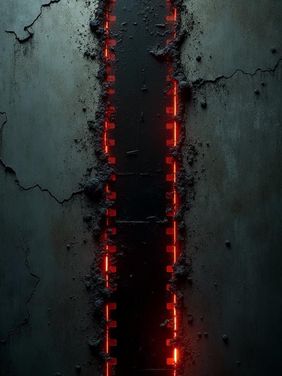 Dark textured background features a vertical film strip that is heavily corroded. Stitched repairs hold torn edges together. The strip shows uneven breaks and scattered fragments. A faint red glow fades down the strip with torn sprocket holes. Acid corrosion spreads along the edges. The image evokes an eerie industrial mood. Subtle layered textures and high contrast are present.