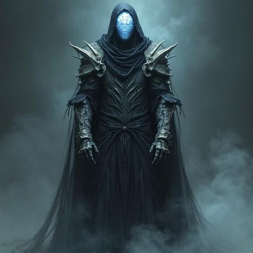 A ghostly figure wearing a tattered grey-black robe with oversized bone pauldrons. The figure has a cracked porcelain mask glowing with pale blue light. Swirling mist surrounds the feet, creating a dramatic atmosphere with high-contrast shadows.