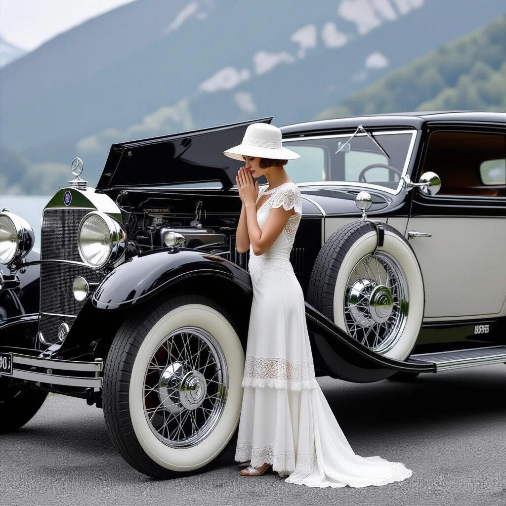 Photorealistic image of a woman in a white lace dress next to a huge 1928 Mercedes-Benz. She leans over the left-side fender with her palms on cheeks. Her head is tilted down, eyes focused on the engine. The hood is fully opened, and steam is rising from the engine. The background shows a misty mountain pass during golden hour.