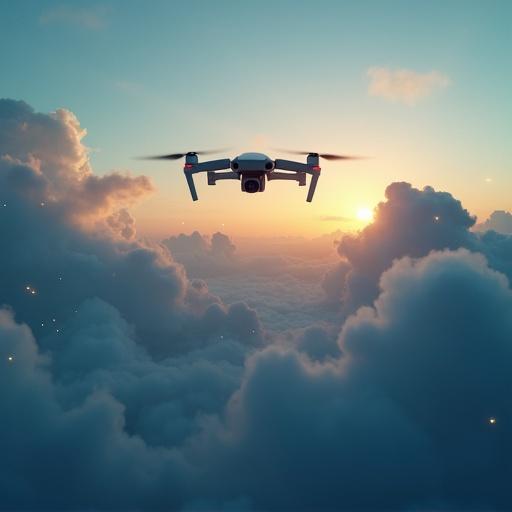 Cinematic aerial landscape featuring a drone gliding through soft clouds. Glowing sparkles resembling NFT art create an inspirational ambiance with blue and gold tones. The image showcases subtle tech elegance and a balanced layout. Suitable for website backgrounds.