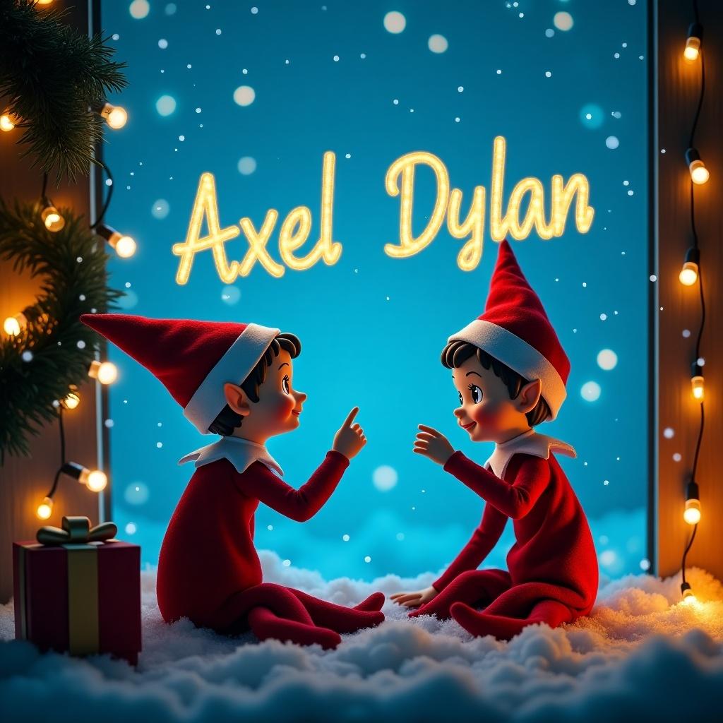 Christmas scene with neon blue sky and snowy ground. Two elves write names Axel and Dylan in sky with golden pen. Background shows Christmas lights, a wreath, and a gift box. Elves wear red outfits and hats. Image has a warm glow.