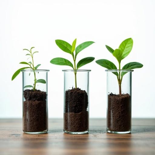 Three glass flasks on a table each contains soil and a plant. Plants grow individually in flasks. White background enhances the clarity of the image.