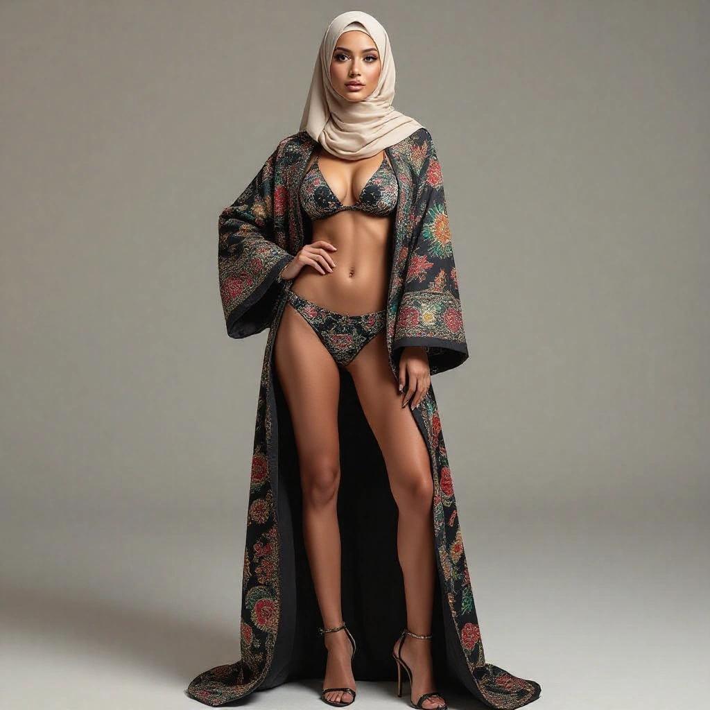 Model wearing a hijab poses in a stylish bikini and a fashionable robe. She stands confidently with heels, showcasing a modern and modest interpretation of beachwear.