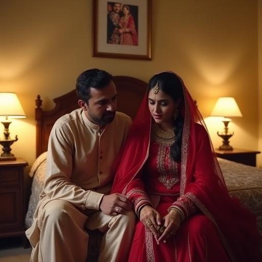 A wealthy Pakistani couple in a luxurious, traditionally decorated bedroom appears emotional. The wife, in a simple traditional outfit, looks sad, holding a tasbih. The husband comforts her with empathy. A wedding photo behind them shows the couple in joyful attire reflecting a stark contrast to their current situation.