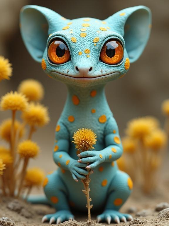 Image of a mythical creature that combines features of a lizard, cat, and gecko. Creature has turquoise skin with bright orange spots. Large amber eyes. Sitting in a desert-like environment with yellow flowers. Calming atmosphere. Appears to be smiling.