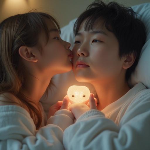 Intimate moment between two individuals in soft focus. One individual is leaning in to kiss the other, who holds a glowing, heart-shaped object. The scene is warm and caring, evoking an emotional bond.