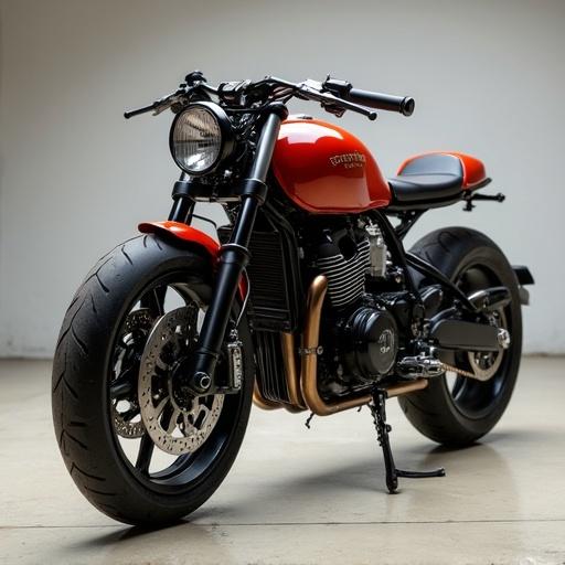 Image of a custom motorcycle with a red body and black components. The bike features a modern design with a sleek appearance. Suitable for editorial use in motorcycle-related content.