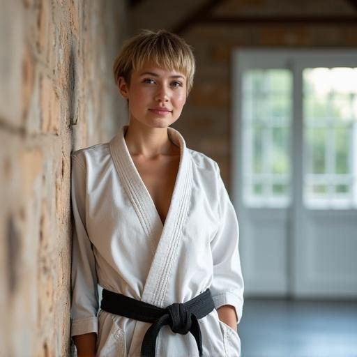 Young woman standing in a bright modern dojo. She has an undercut hairstyle. Leaning on the wall. Casual and confident pose. Wearing a worn out karate gi. Slightly opened to reveal abs. Neutral expression with slight smile. Natural light and high detail.